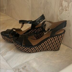 Clarks Black Wedge Escadrille Sandals with Ankle Straps and Cut-Out Design